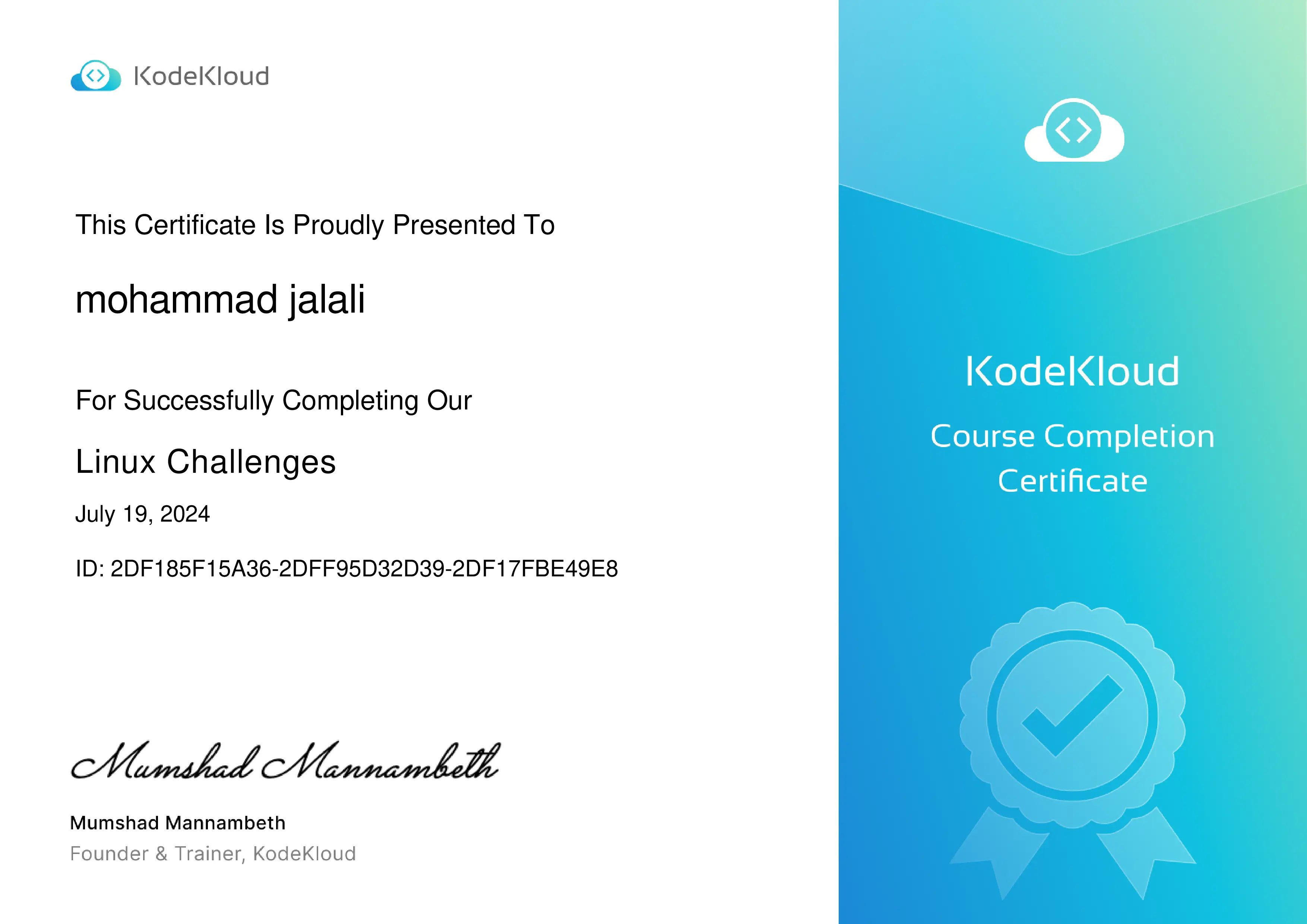 Mohammad Jalali Certification